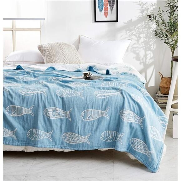 Fish Blue Morden Muslin Lightweight Summer Blanket for Bed Sofa Couch - Picture 4 of 6